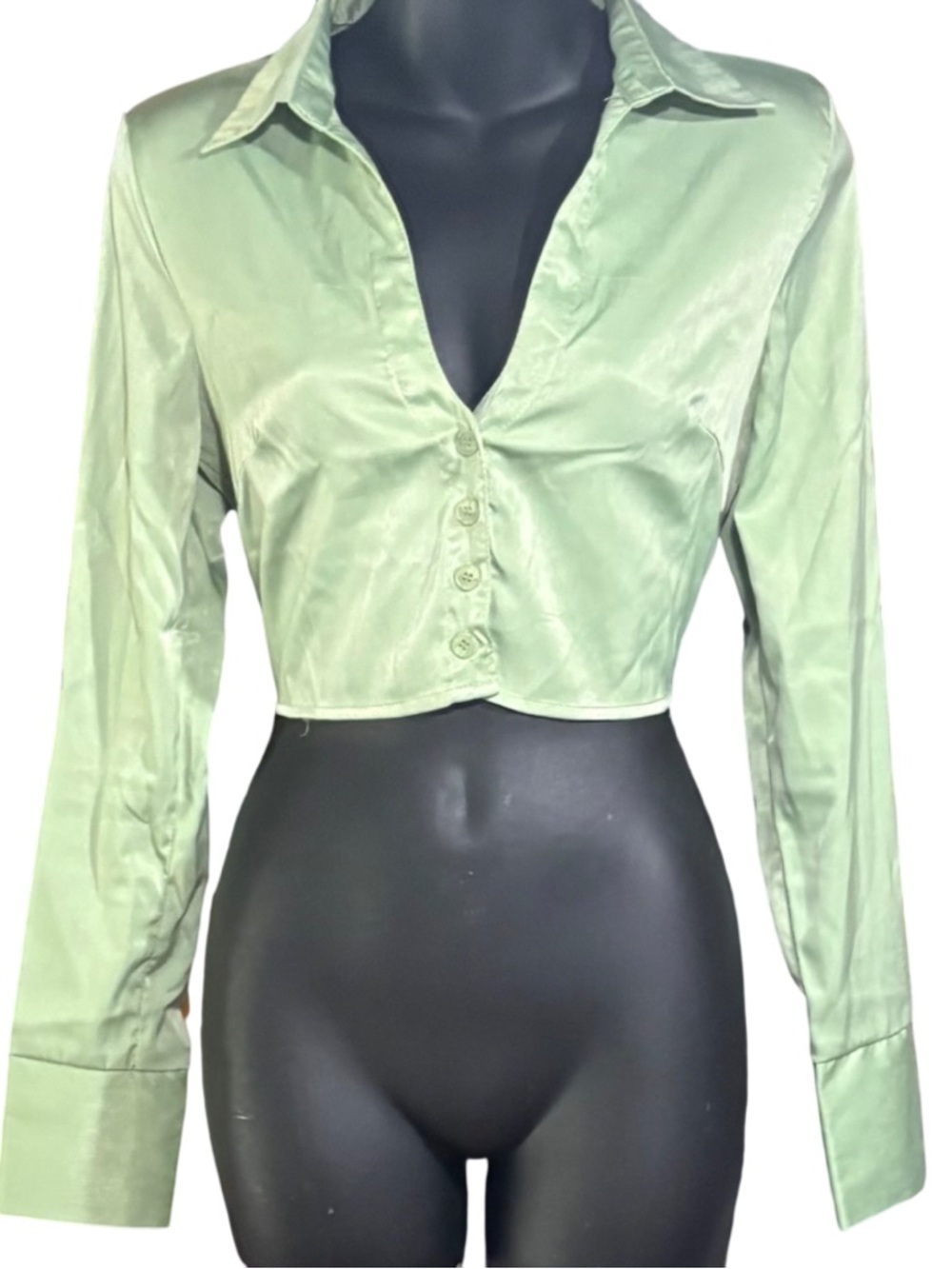 Lola May Green cropped long-sleeve shirt size 10 satin women’s summer